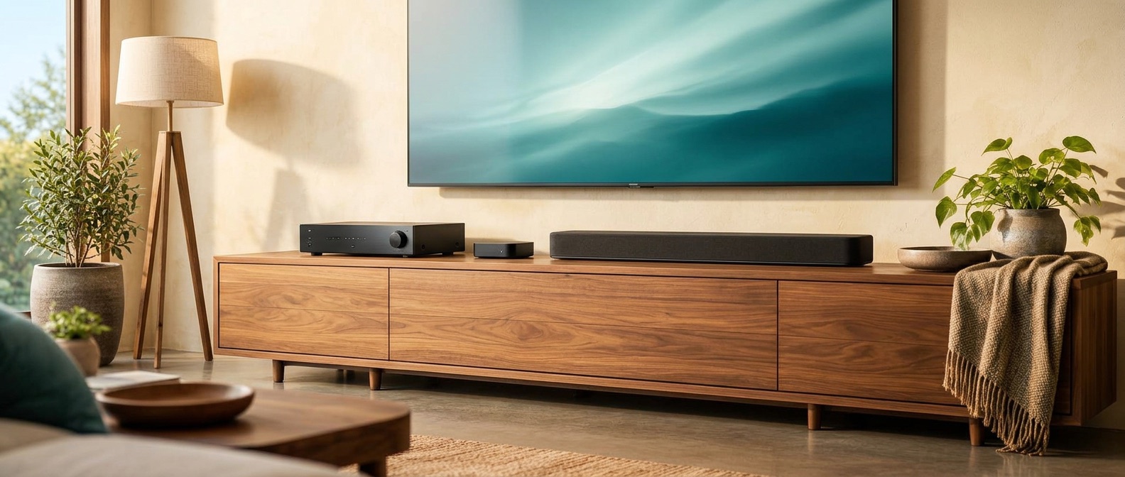 A welcoming living room with a television, soundbar and media console